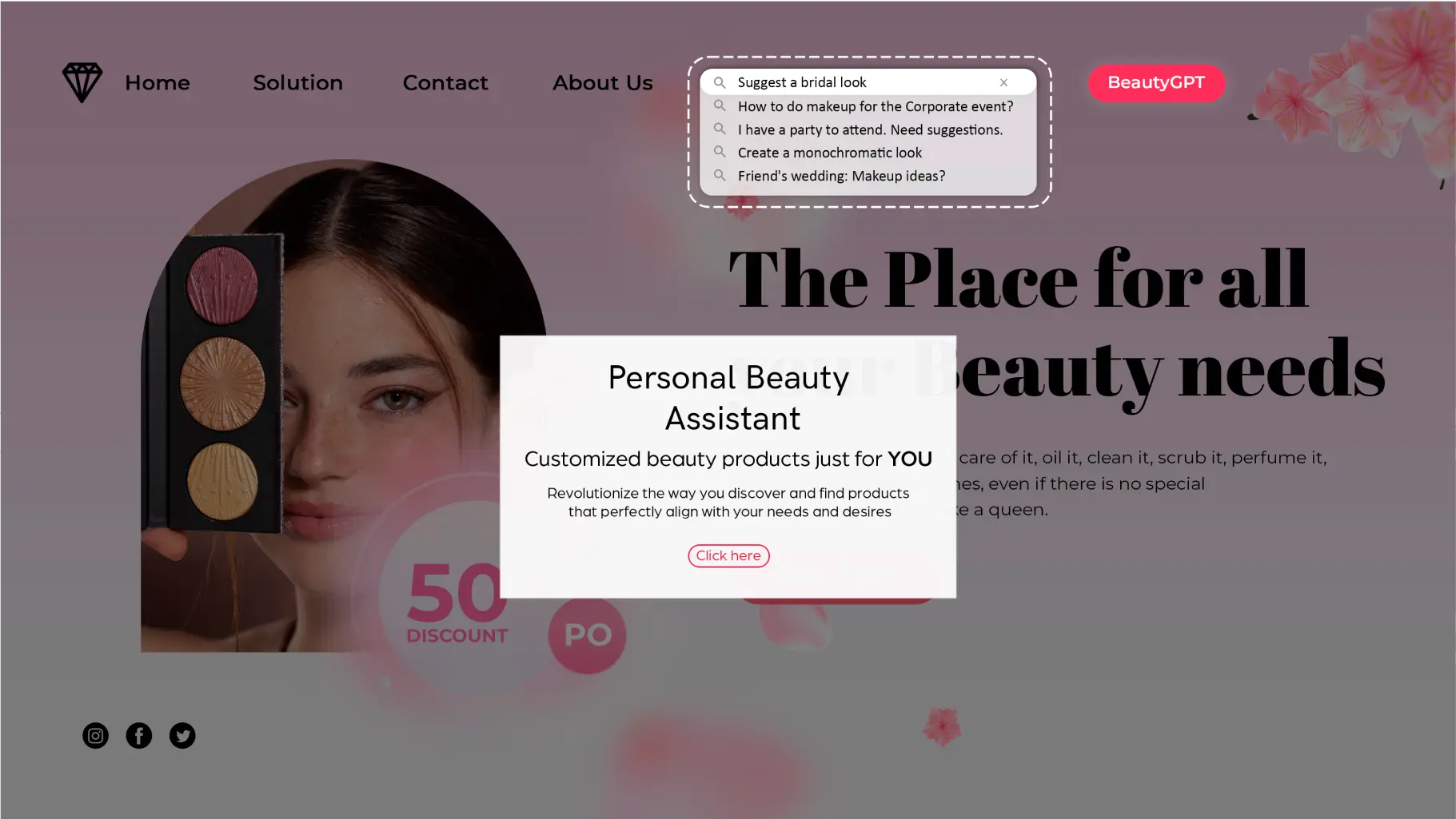 The homepage of an E-commerce beauty brand’s website which has integrated BeautyGPT in their search bar
